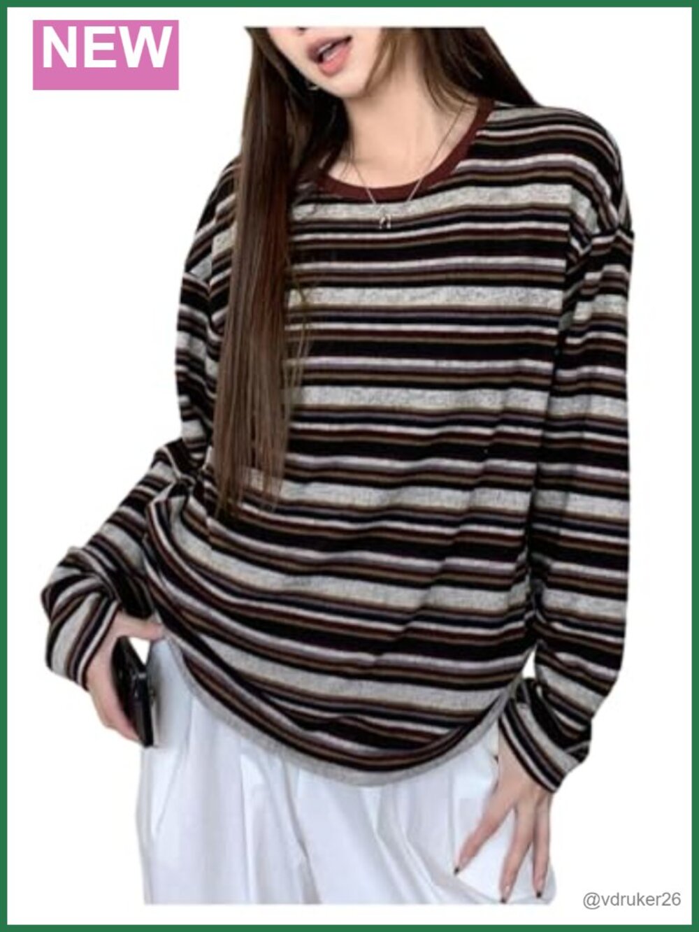Women's Striped Long Sleeve Baggy Top Crew Neck Drop Shoulder Fall Outfit